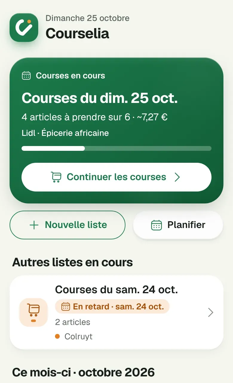 L'accueil, avec le bouton Nouvelle liste et une liste en cours.