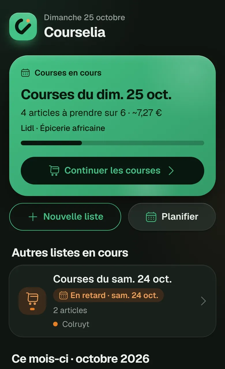 L'accueil, avec le bouton Nouvelle liste et une liste en cours.