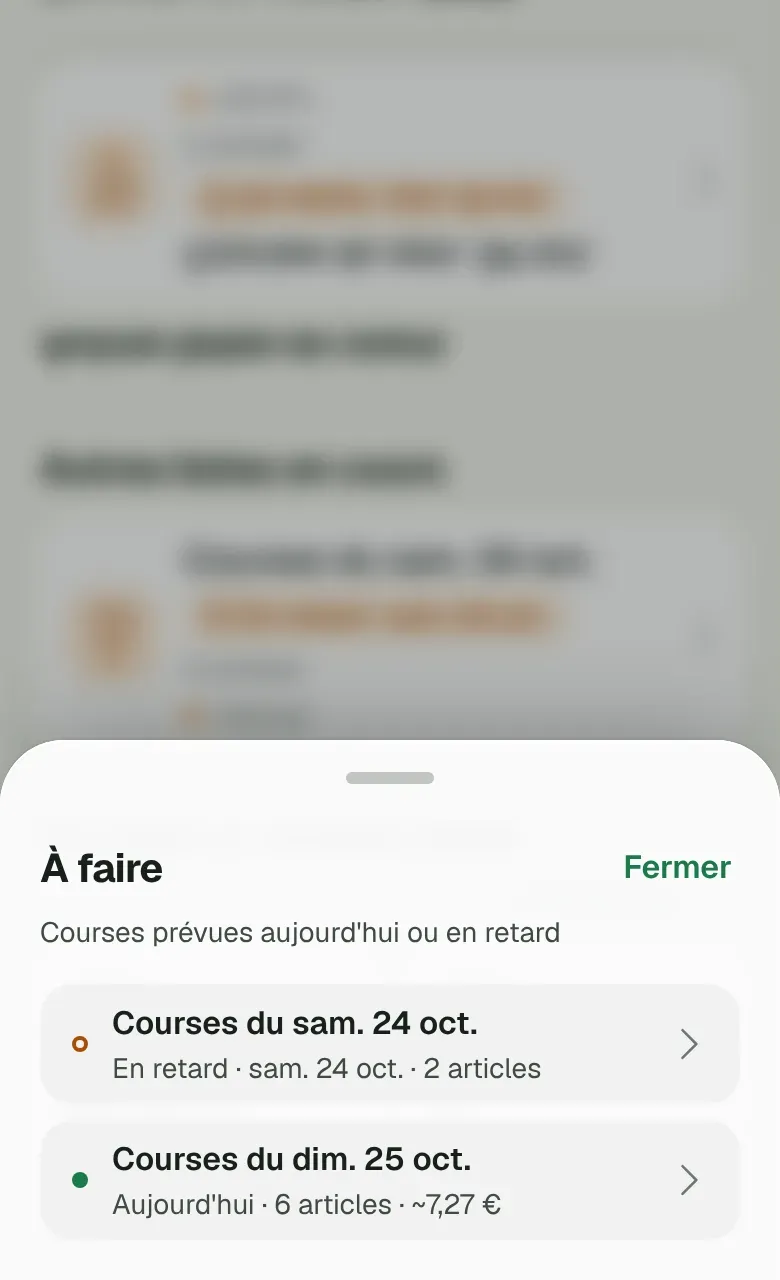 Le panneau À faire : une liste en retard et une liste prévue aujourd'hui.