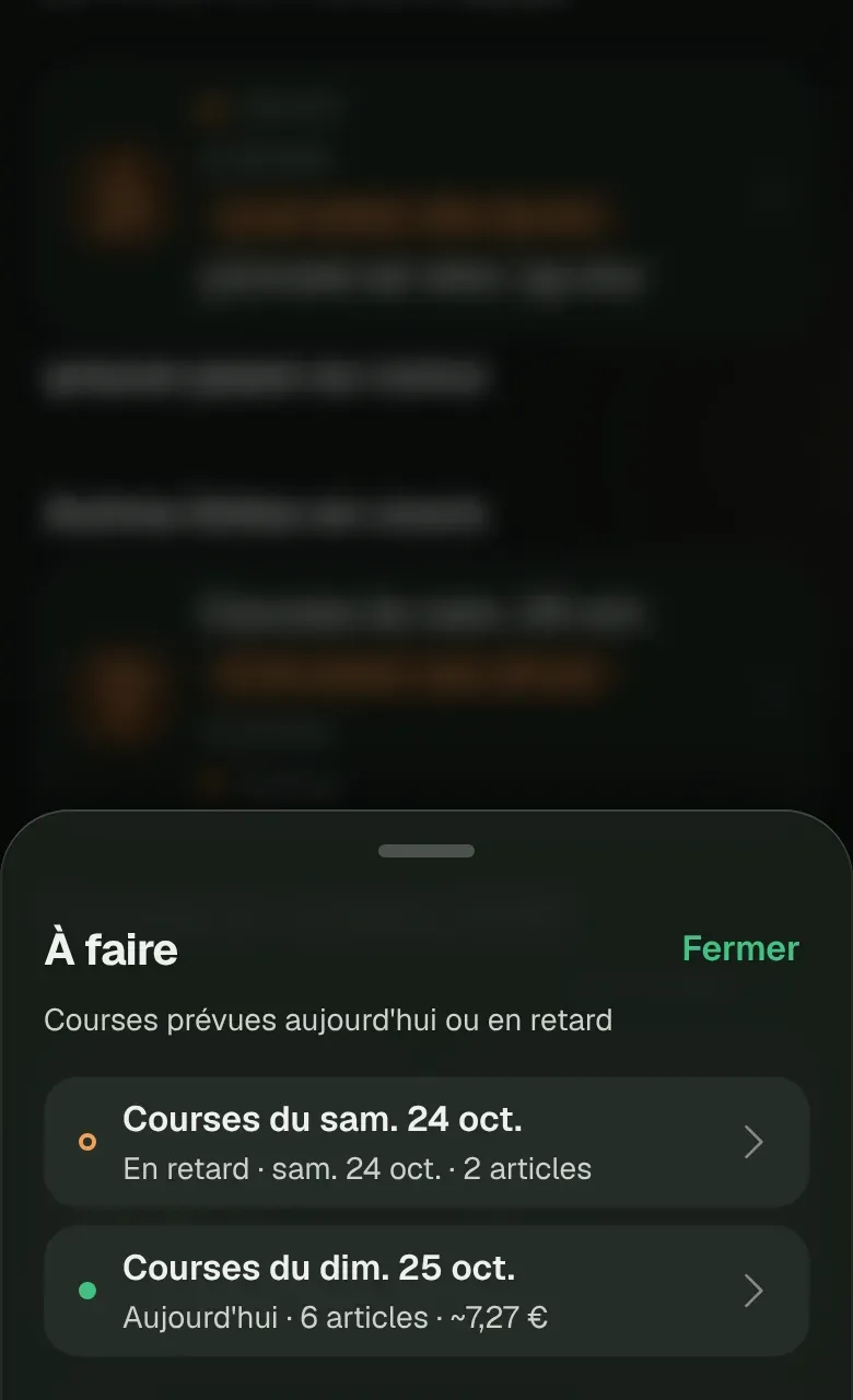 Le panneau À faire : une liste en retard et une liste prévue aujourd'hui.