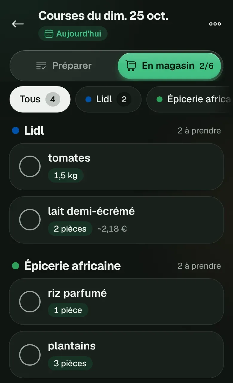 La vue En magasin : articles par rayon, deux déjà cochés.