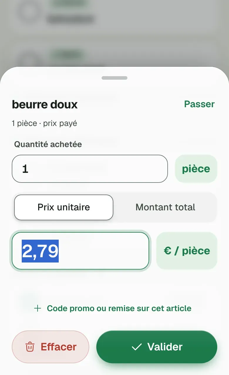 Le panneau de saisie du prix d'un article.