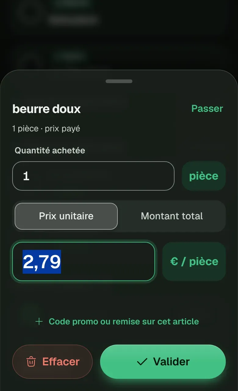 Le panneau de saisie du prix d'un article.