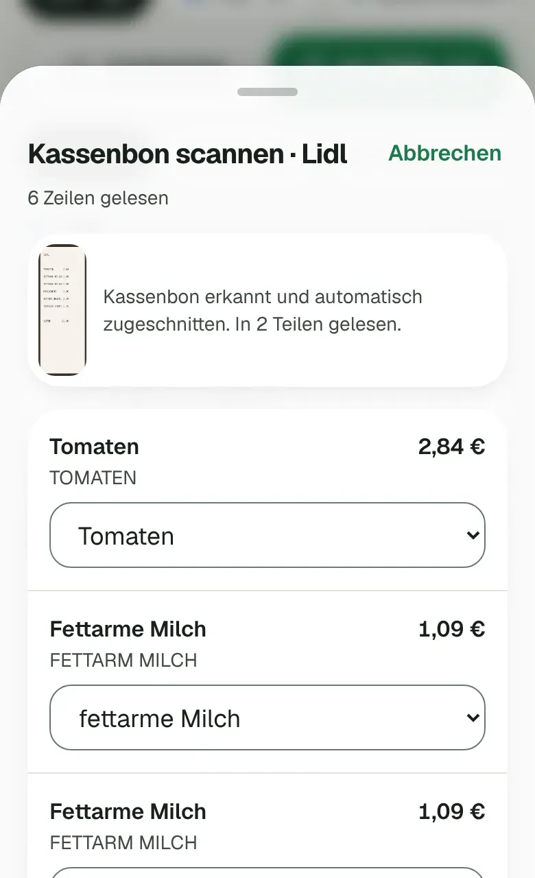 Le scan d'un ticket : chaque ligne lue est rapprochée d'un article de la liste.
