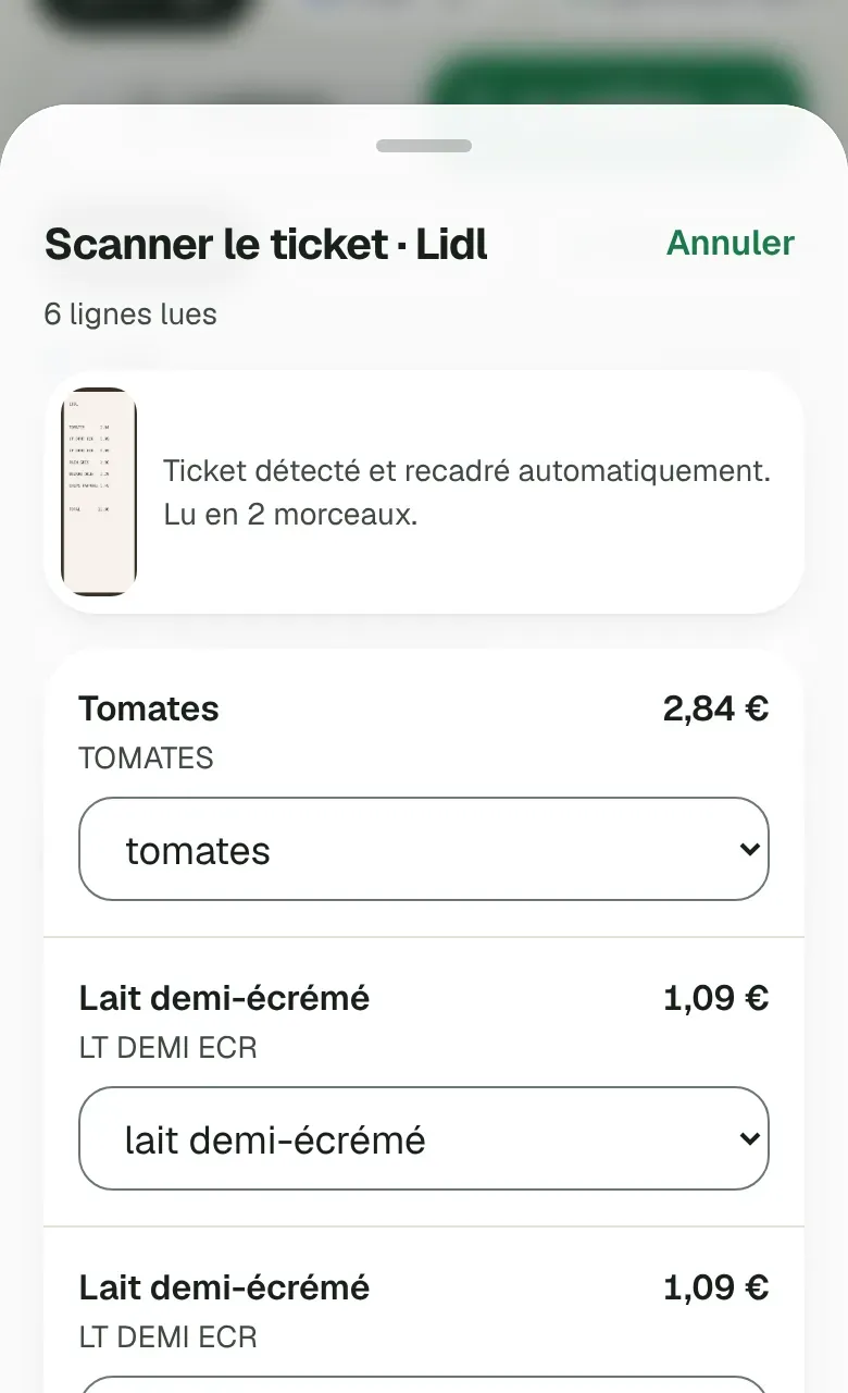Le scan d'un ticket : chaque ligne lue est rapprochée d'un article de la liste.