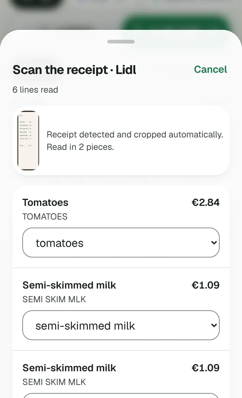 Le scan d'un ticket : chaque ligne lue est rapprochée d'un article de la liste.