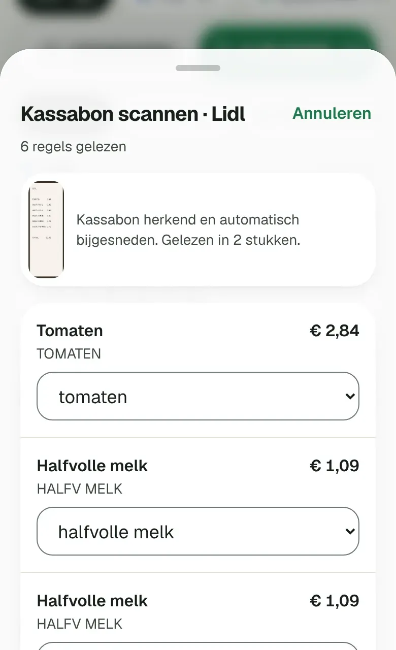 Le scan d'un ticket : chaque ligne lue est rapprochée d'un article de la liste.