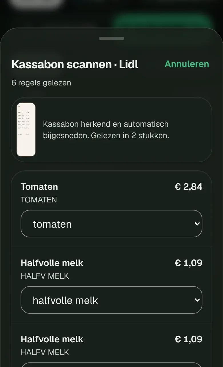 Le scan d'un ticket : chaque ligne lue est rapprochée d'un article de la liste.