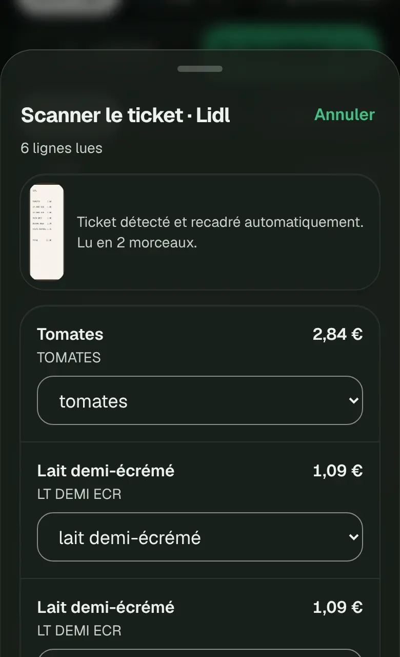 Le scan d'un ticket : chaque ligne lue est rapprochée d'un article de la liste.
