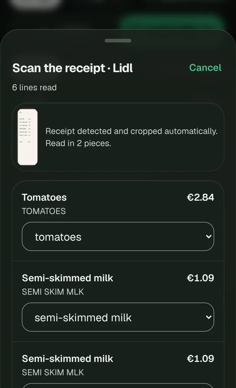 Le scan d'un ticket : chaque ligne lue est rapprochée d'un article de la liste.