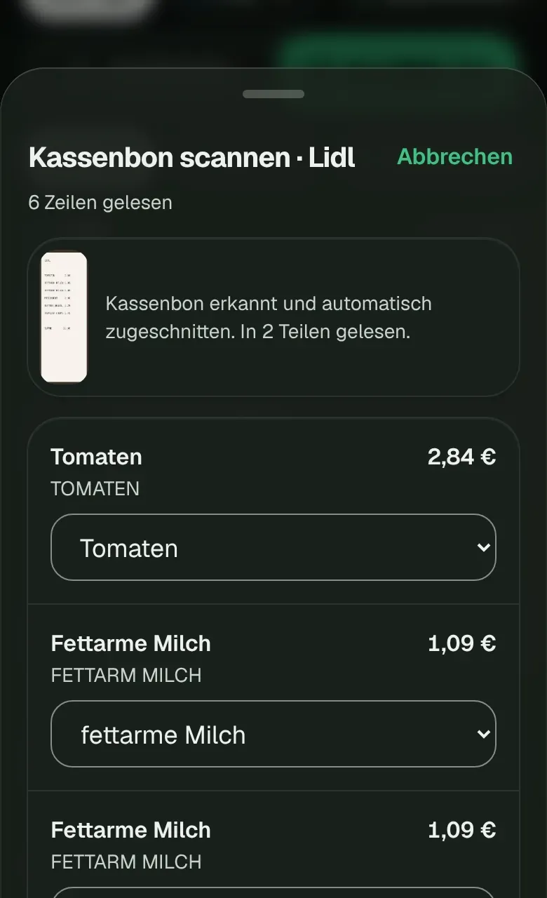 Le scan d'un ticket : chaque ligne lue est rapprochée d'un article de la liste.