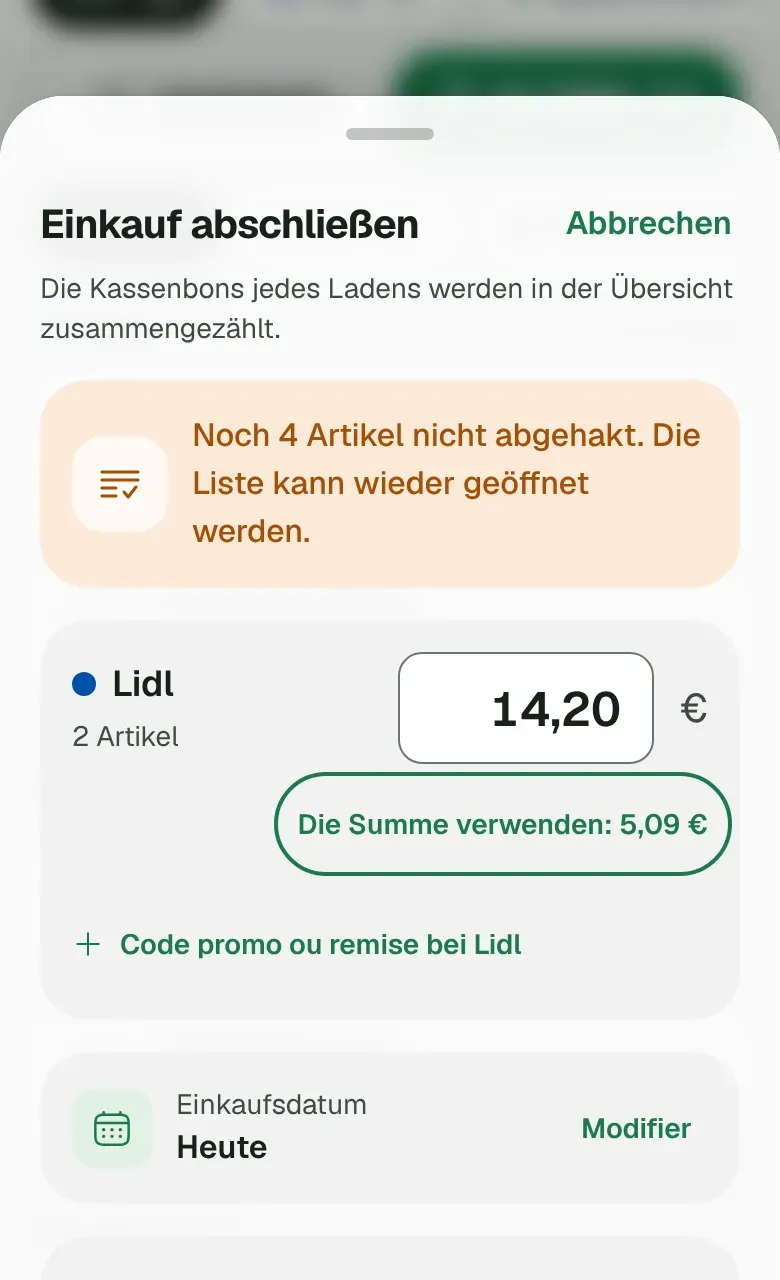 Le panneau Terminer la liste, avec le montant du ticket par magasin.