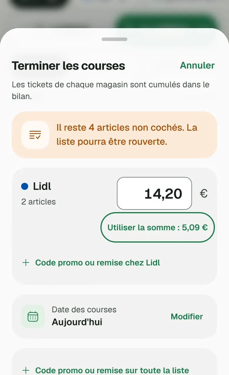 Le panneau Terminer la liste, avec le montant du ticket par magasin.