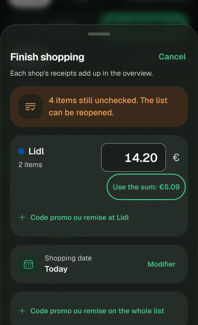 Le panneau Terminer la liste, avec le montant du ticket par magasin.