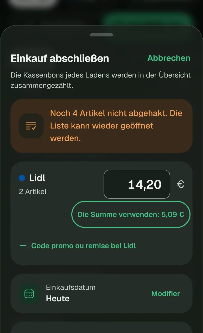 Le panneau Terminer la liste, avec le montant du ticket par magasin.