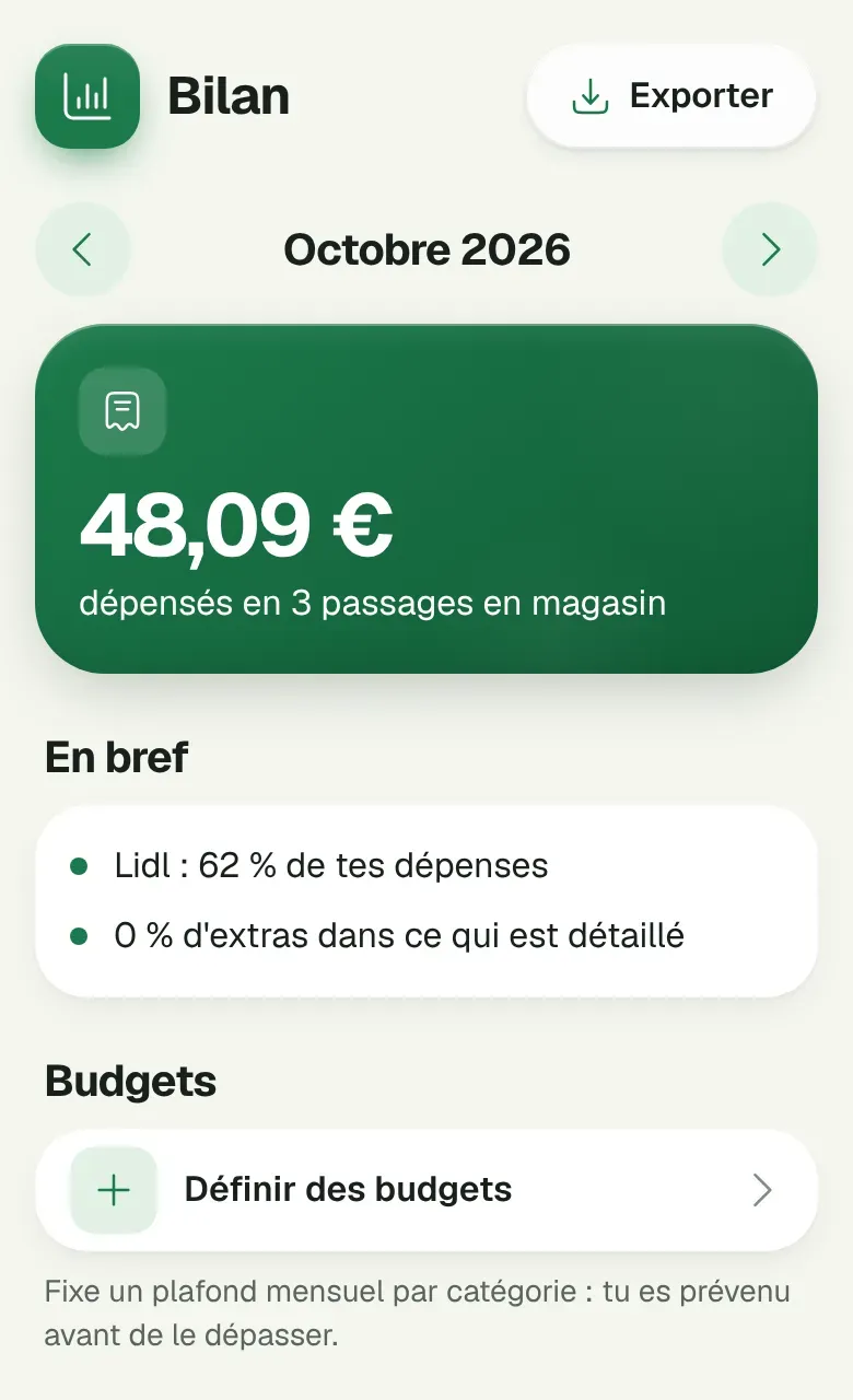 Le bilan du mois : total dépensé et répartition par magasin.