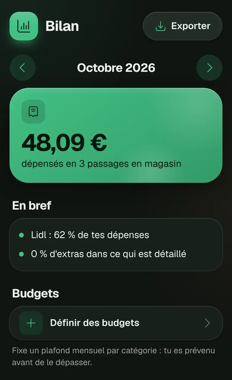 Le bilan du mois : total dépensé et répartition par magasin.