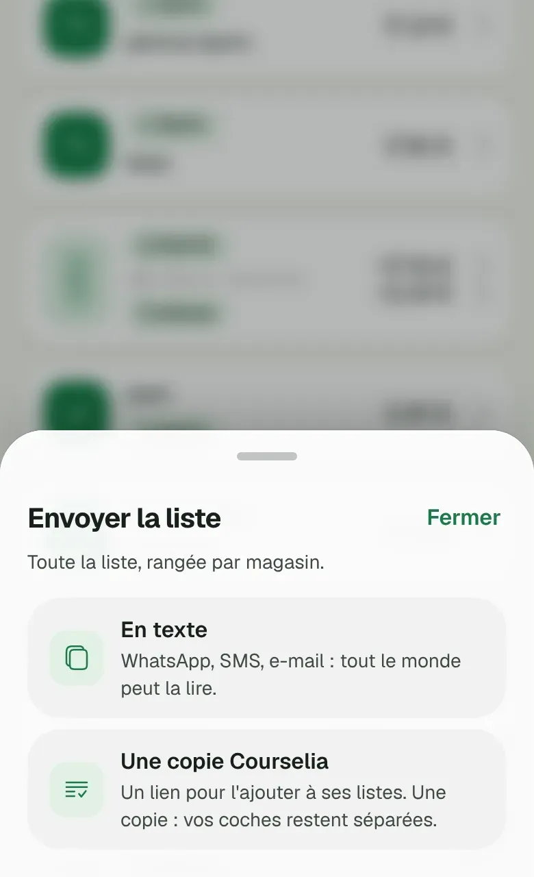 Le panneau Envoyer la liste : en lien partagé, en texte ou en copie Courselia.