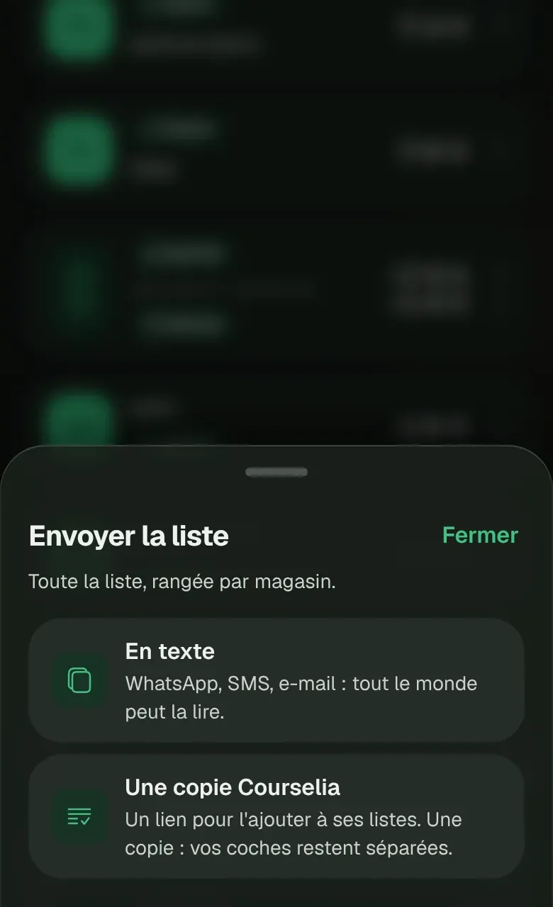 Le panneau Envoyer la liste : en lien partagé, en texte ou en copie Courselia.