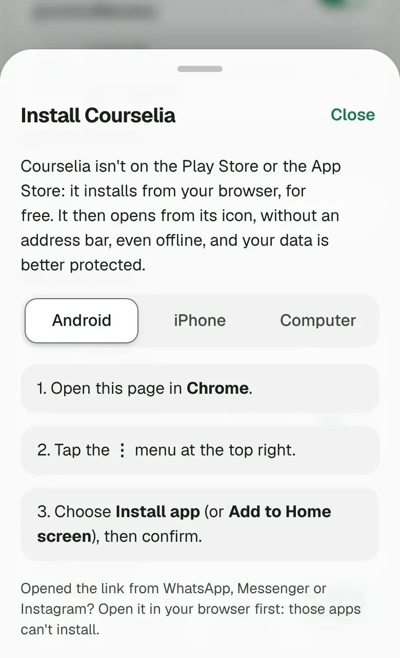 Le panneau Installer Courselia, avec les gestes pour Android.