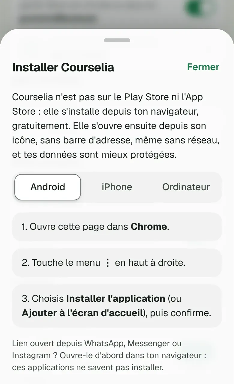 Le panneau Installer Courselia, avec les gestes pour Android.