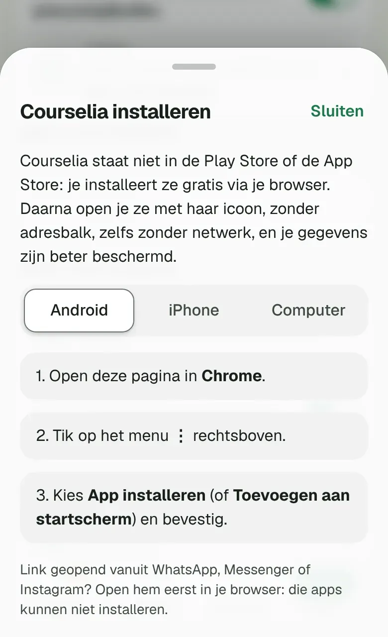 Le panneau Installer Courselia, avec les gestes pour Android.