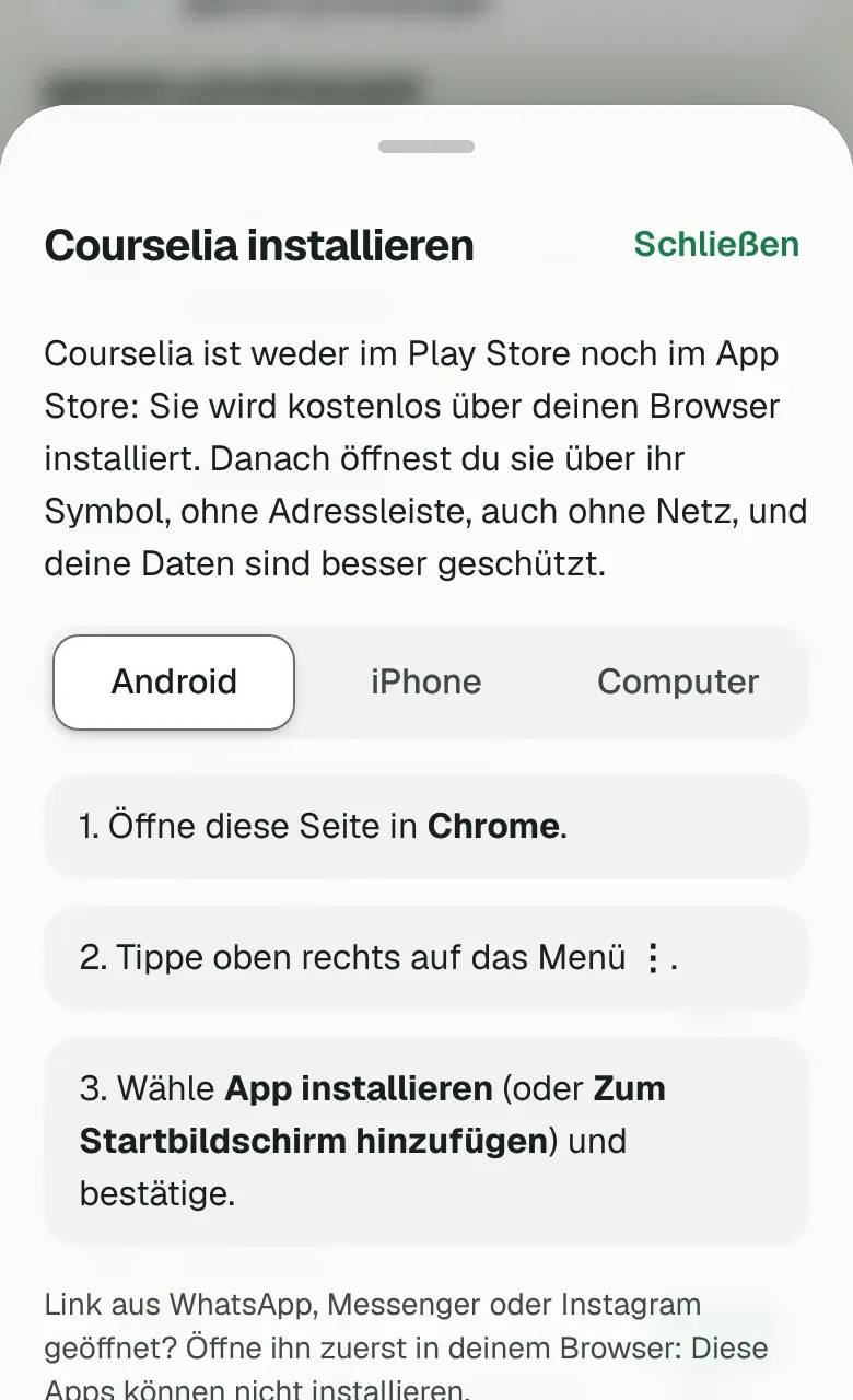 Le panneau Installer Courselia, avec les gestes pour Android.