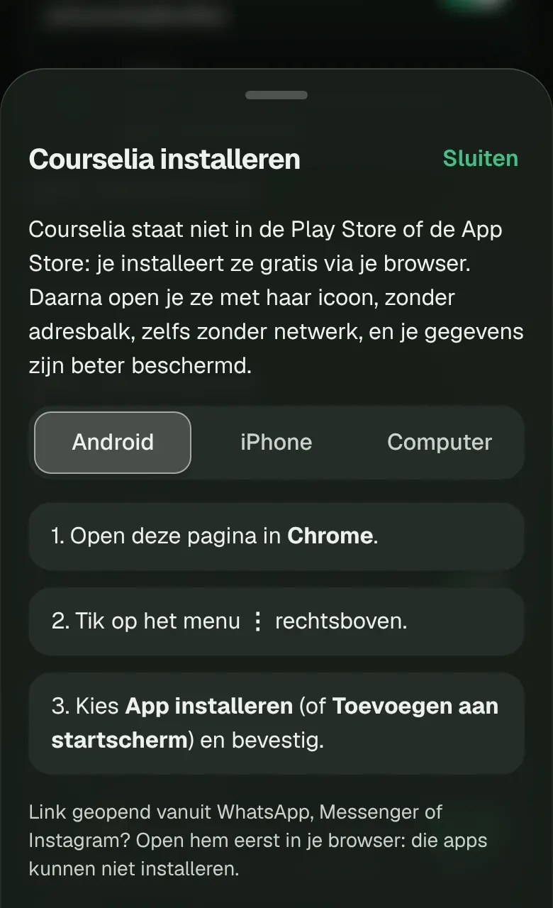 Le panneau Installer Courselia, avec les gestes pour Android.