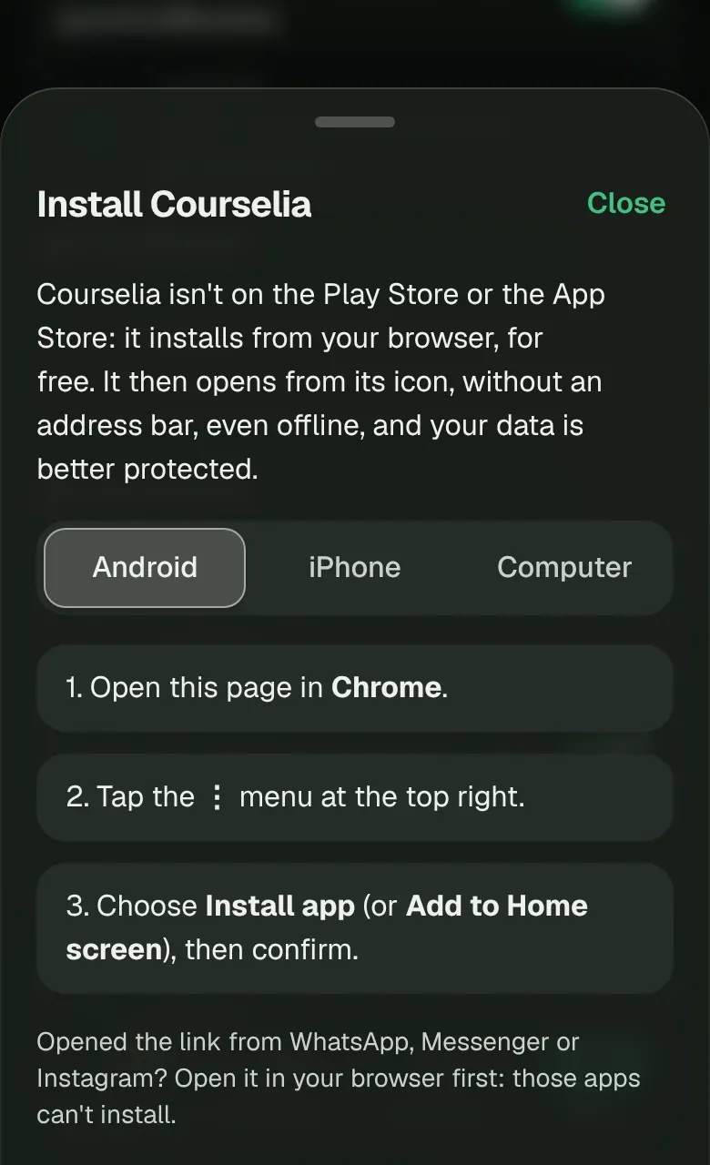 Le panneau Installer Courselia, avec les gestes pour Android.