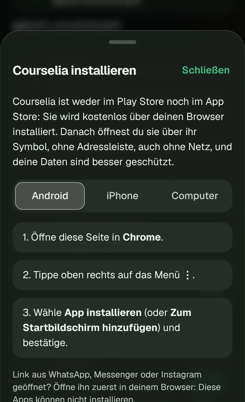 Le panneau Installer Courselia, avec les gestes pour Android.