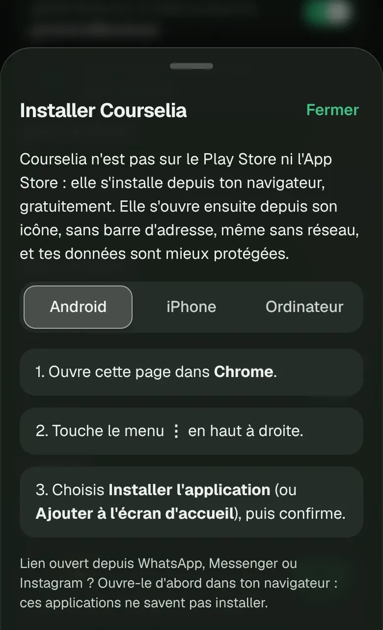 Le panneau Installer Courselia, avec les gestes pour Android.